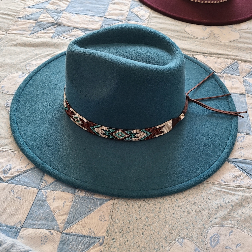 Women's Turquoise Felt Hat with Aztec Hatband